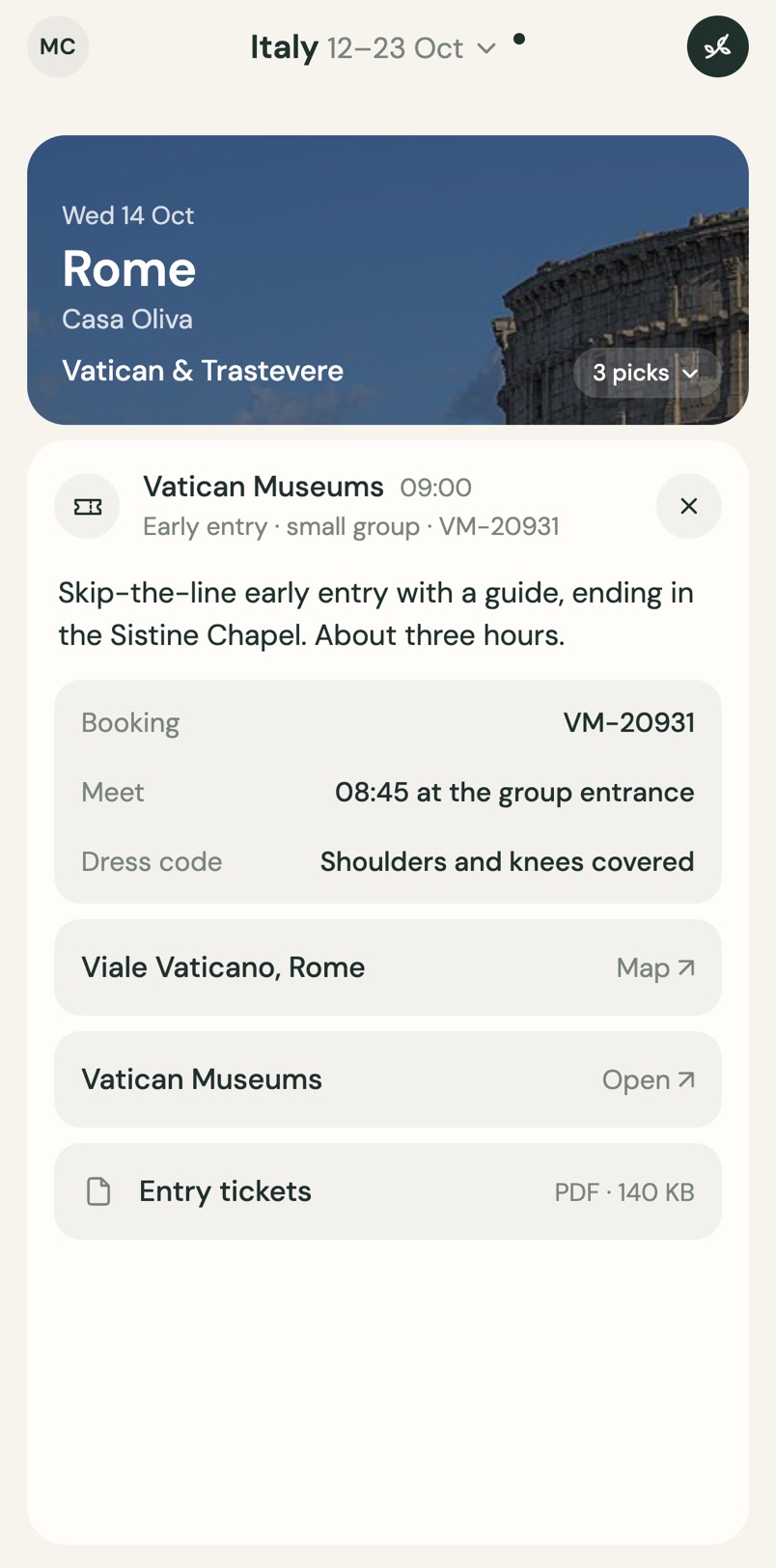 A schedule card opened in place with times, address and booking reference